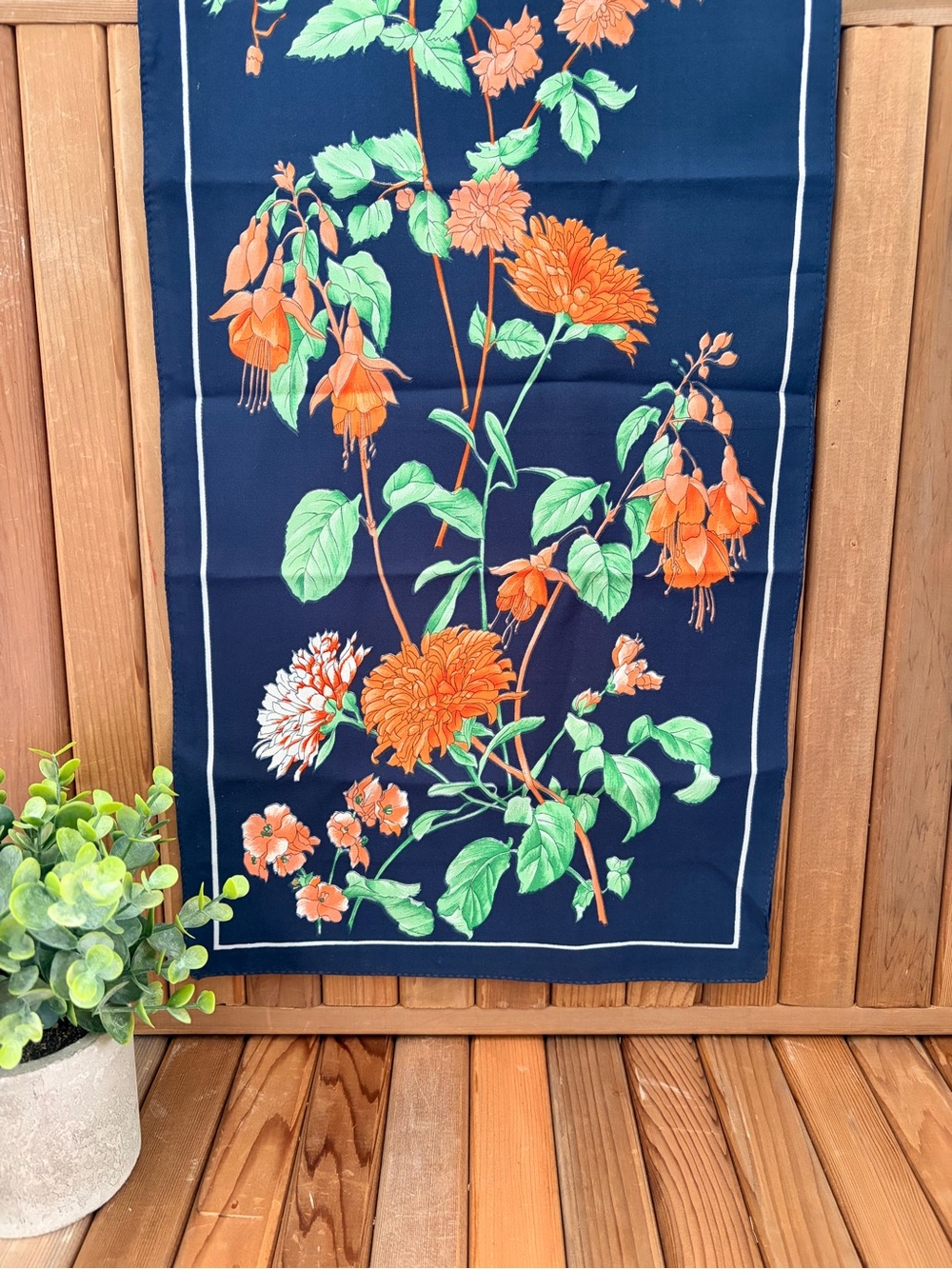 Vintage Floral Scarf with Orange & Green Blooms, Midcentury Silk, Cottagecore - Picture 3 of 5